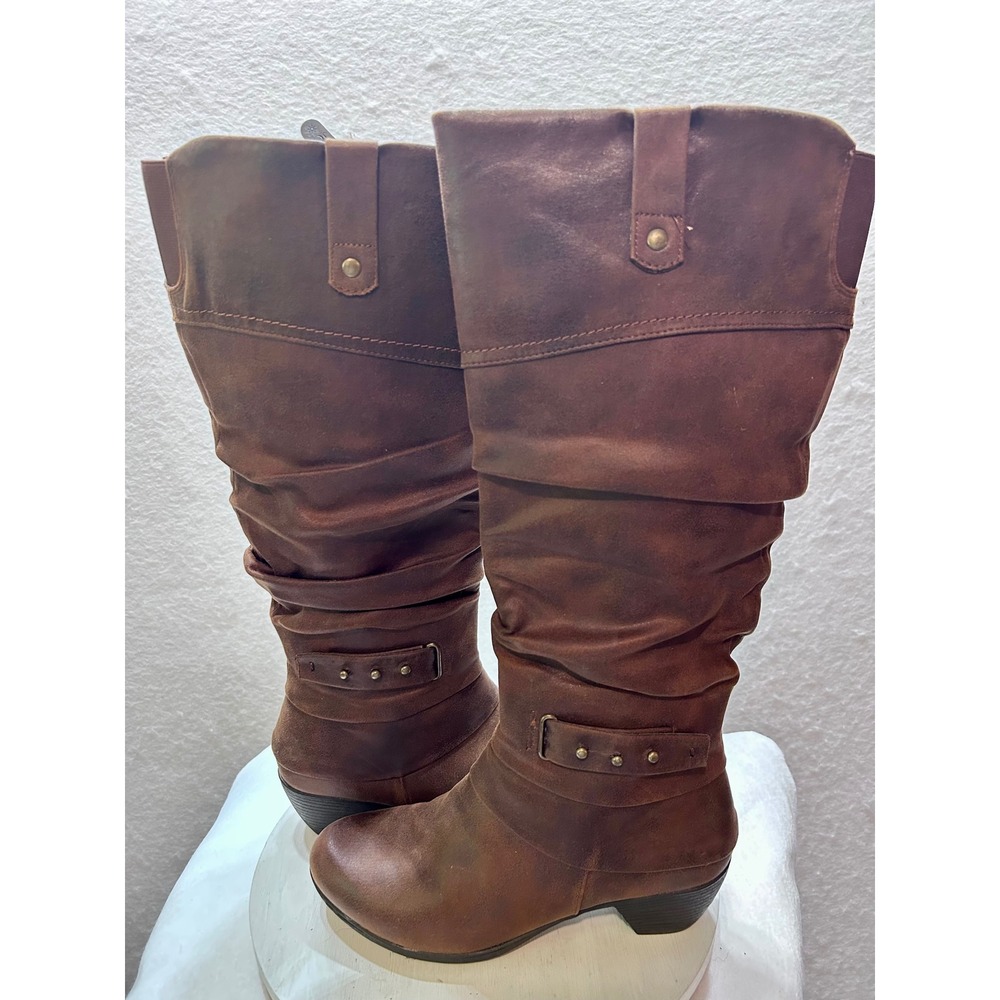 Shoe Dept Women Brown Slouchy Tall Boots Size 8W Studded Buckle Block Heel